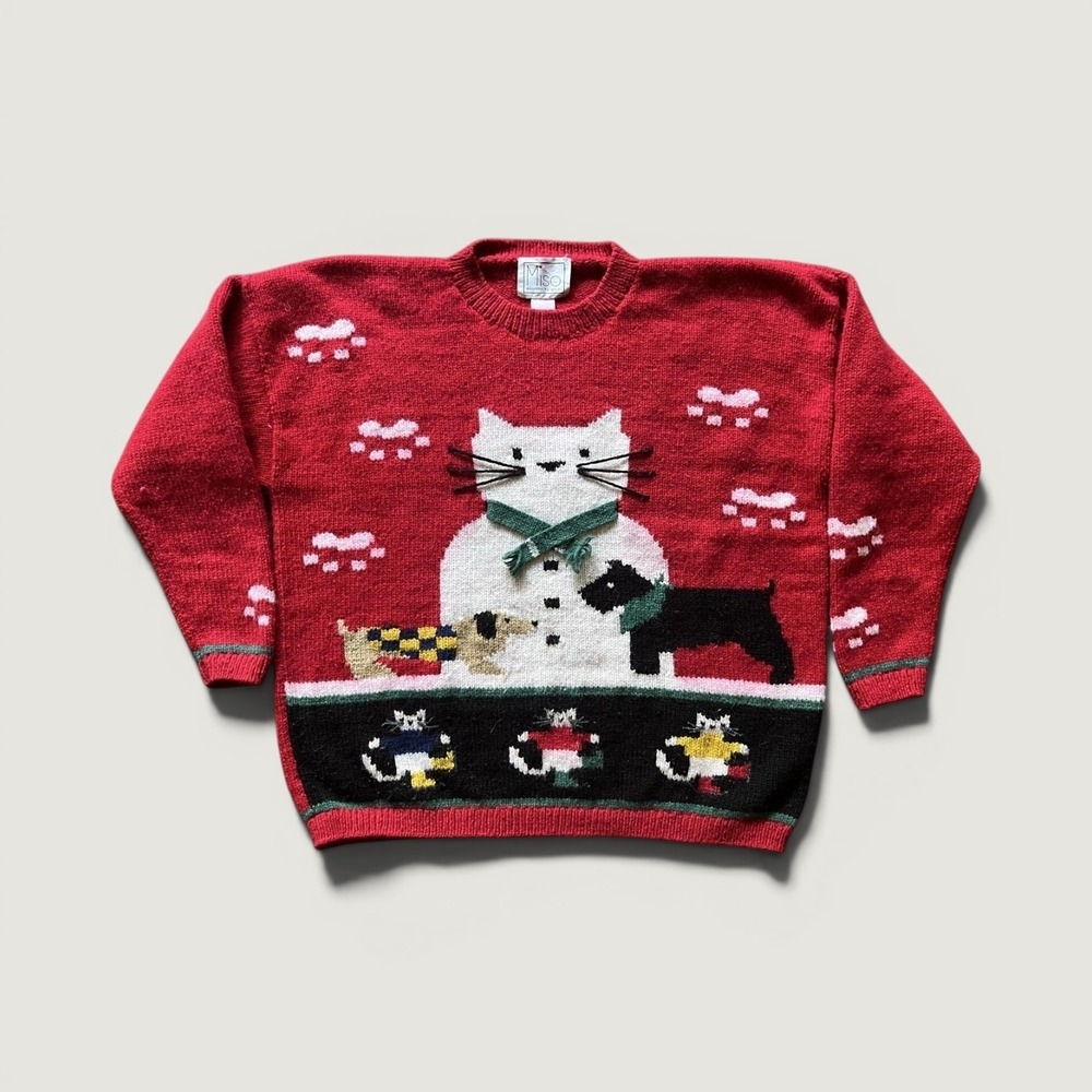 Vintage Sweater Womens Medium Red Cat Dog Paw Print Christmas Sweater